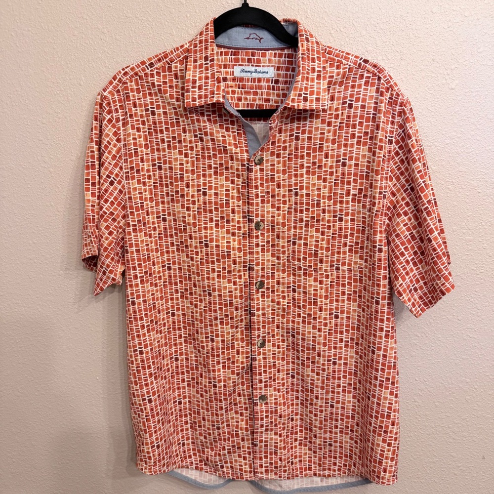 Tommy Bahama Mens Orange Silk Mosaic Tile Print Short Sleeve Button Down Shirt M